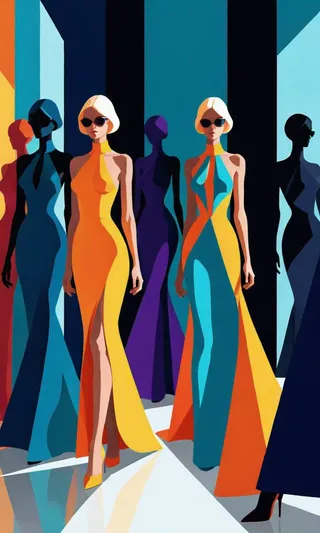 Vector art fashion illustration featuring slender women in bold-colored dresses with sharp edges and minimalist silhouettes.