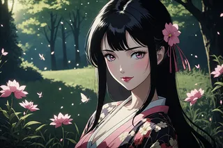 Highly detailed anime female portrait in a floral kimono surrounded by pink flowers and fireflies in a sunlit forest.