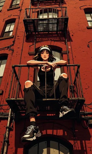 Person in black sleeveless top and ripped pants sitting on a metal fire escape against a red brick building, with an industrial and edgy urban style.