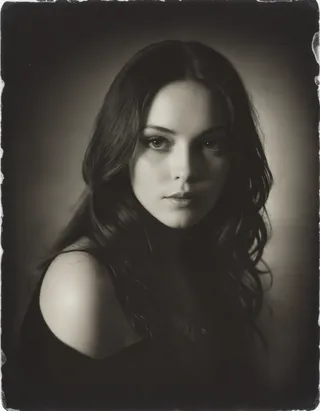 A monochrome, backlit portrait of a woman with long dark hair in a faded polaroid photo style, looking at the viewer in a dynamic pose with intricate details.