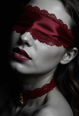 Close-up grayscale portrait of a young woman wearing a red silk blindfold edged with lace, deep maroon lipstick, and a matching red lace choker with a golden ruby pendant under dramatic cinematic lighting.