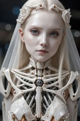 Close-up photograph of a mysterious biomechanical woman with ethereal porcelain skin, intricate exo skeleton and soft lighting effects.