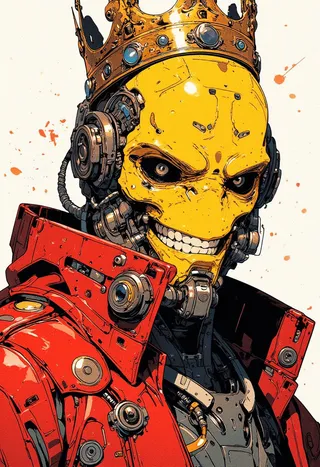 Detailed cyberpunk humanoid featuring a yellow mechanical helmet with a wide grin and deep black eyes, wearing a red high-tech jacket with metallic buttons, topped with a golden royal crown, set against a minimalistic white abstract background.