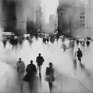 Black and white foggy urban street scene with silhouettes of people walking in a big city