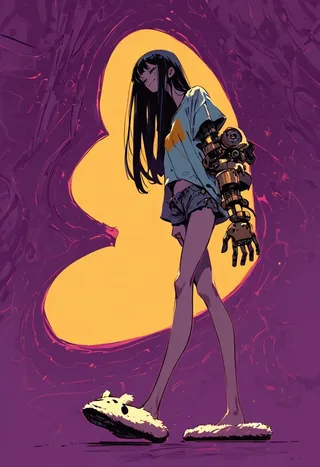Cyborg girl with long dark hair, wearing a loose pajama shirt, mini shorts, and fluffy slippers, showing a robotic arm in a dynamic side pose against a yellow abstract background.
