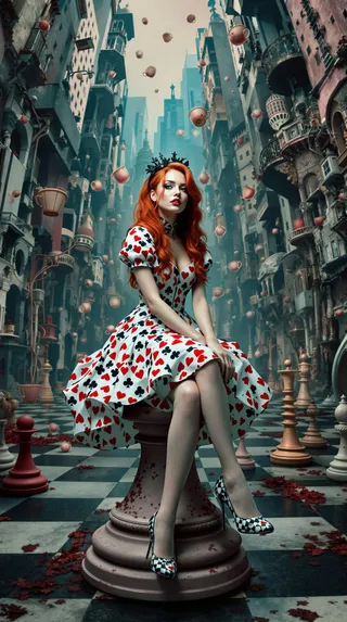 Modern woman as Alice in Wonderland sitting on a large chess piece wearing a dress patterned with playing cards, surrounded by floating teacups in a surreal urban fantasy city.