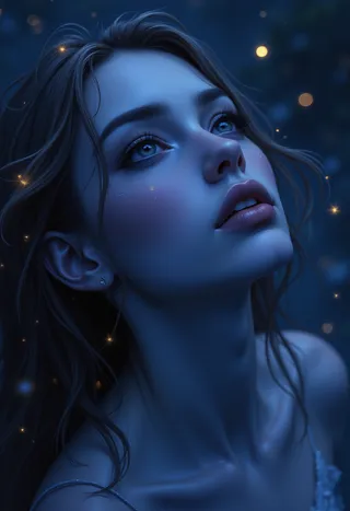High-angle portrait of a woman with midnight-blue skin and molten-gold hair surrounded by glowing embers, looking up with a serene expression in a celestial ambiance.