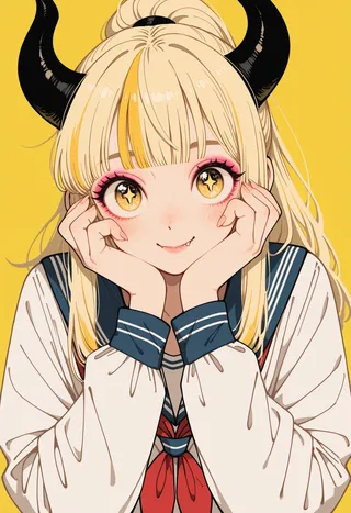 Portrait of a blonde-haired demon girl with black horns wearing a traditional sailor-style school uniform with a blue collar and red neckerchief, set against a yellow background.