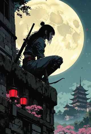 Digital artwork of a female ninja squatting on a Japanese castle wall under a full moon, holding a bow with a katana on her back, surrounded by lanterns and a Japanese garden.