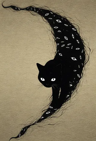 Silhouette of a black cat whose elongated tail is filled with multiple eerie white eyes set against a textured beige background in chiaroscuro lineart style.