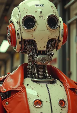 A creepy cybernetic android with a distressed white mechanical face and large round eyes, wearing a red leather jacket, standing in an indoor setting.