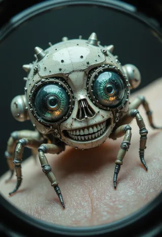 Close-up of a robotic insect-like creature with large glassy eyes, sharp claws, and a metallic body resting on human skin, captured with fisheye lens effect.