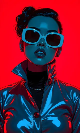 A bold futuristic portrait of a woman in white-framed sunglasses and metallic jacket, featuring blue tones contrasted with a vibrant red background.
