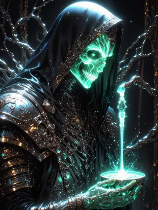 A hyper-realistic fantasy skeleton mage wearing a dark, ornate hooded cloak and intricate armor, holding a glowing ethereal chalice with light pouring into it.