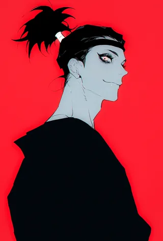 Monochrome profile portrait of a dark-skinned male with black hair in a high ponytail, red eyes, black kimono, and a smug expression on a red background.