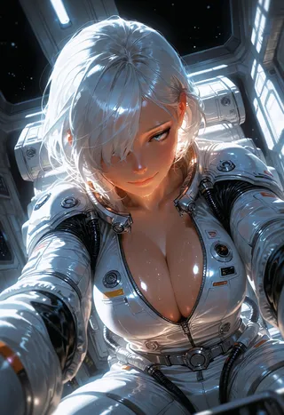 Photorealistic digital art of a white-haired female astronaut in a shiny spacesuit with cleavage, sitting inside the international space station under moody lighting.