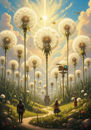 Colossal dandelions with translucent seed heads glowing in golden light above a miniature steampunk village with Victorian explorers and mechanical butterflies.