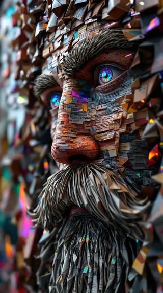 Close-up of a giant paper collage portrait of a man with a mustache and beard, made from intricately folded newspapers, featuring vibrant mosaic eyes and holographic highlights.