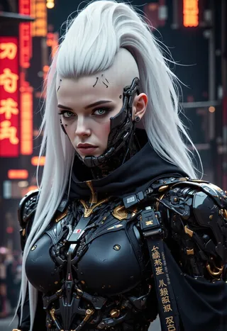 Close-up of a cyberpunk female character with a tall white mohawk, wearing a jet black and dark gold futuristic mecharmor with robotic facial features and a neon city background.