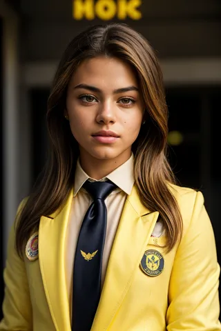 Close-up portrait of a young woman college student wearing a yellow blazer, beige formal shirt, and black tie standing in front of a campus entrance.