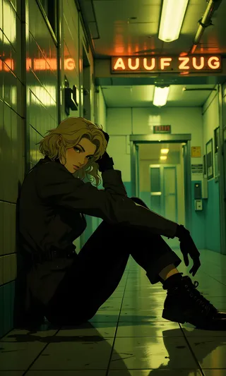 A woman with blonde hair sits on the floor in a dimly lit tiled corridor, leaning against the wall with a serious expression under greenish-yellow fluorescent light near an elevator entrance marked 'AUFZUG'.
