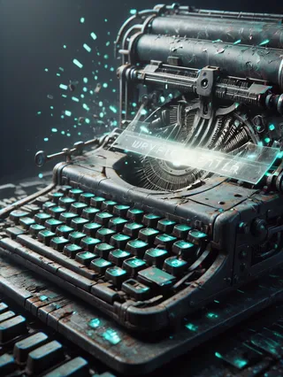 A worn and rusty old typewriter with turquoise glowing keys and a holographic transparent screen displaying random letters, sparks flying from its mechanical parts.
