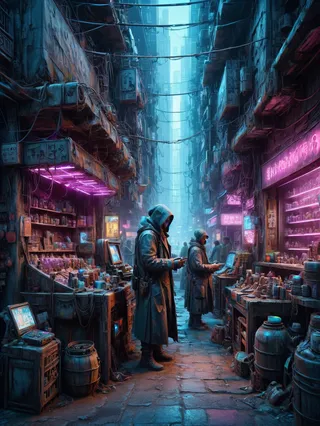 Narrow cyberpunk marketplace alley illuminated by flickering neon lights, featuring merchants in hooded coats selling old-style gadgets and potions.