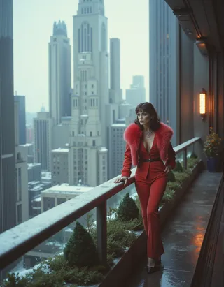 A woman in a red business suit with a fur collar leans on the railing of a skyscraper balcony overlooking a dystopian cityscape with skyscrapers, cloudy sky, and snow on the ground.