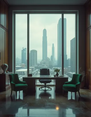 Office room featuring traditional wooden desk and green velvet chairs with floor-to-ceiling windows overlooking a dystopian cityscape with skyscrapers under a cloudy sky.