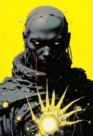 Extreme close-up of a weathered wraith with a haunting expression, crimson tooth, wearing a tattered cloak, set against a vibrant neon yellow background with spectral glow effects.