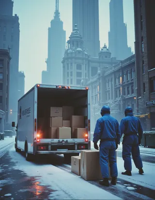 Dystopian cityscape with industrial skyscrapers on a snowy street, two men in blue uniforms unloading boxes from a semi-futuristic delivery truck with open back and garage door.