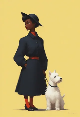 Stylized Parisian woman in black haute couture dress and hat walking a white Scottish terrier on a yellow background, shown in side profile with minimalist pop art style.