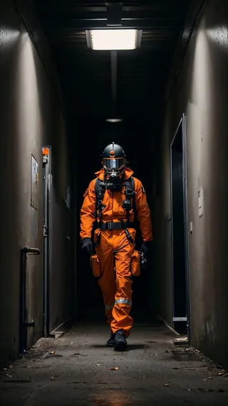 Man in an orange suit wearing a black helmet and gas mask, walking down a dark, narrow hallway with grey concrete walls. A glowing fire exit sign and a red exit door are visible at the hallway's end.