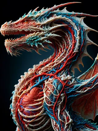 Detailed fantasy dragon showing an intricate network of red and blue ais-vesselz vessels, with a metallic sheen and anatomical vascular structure.