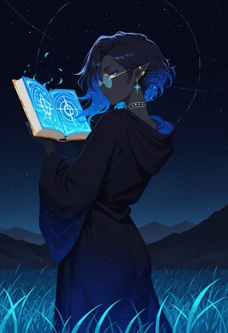 Androgynous figure with black skin and black-blue starry hair wearing circular glasses and a midnight blue starry robe, reading a glowing magic book under a starry night sky with a mountainous horizon.