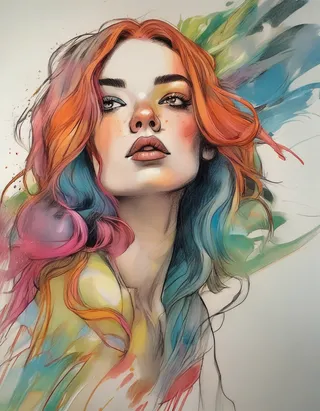 A vibrant sketch of a woman with freckles and flowing multicolored hair blending orange, pink, blue, and green hues.