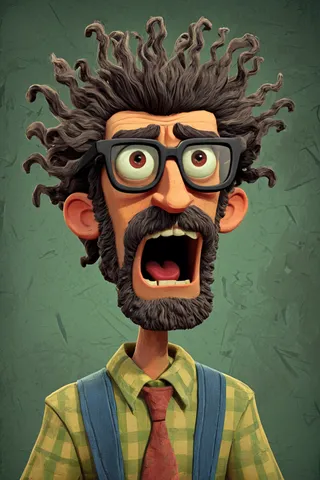 Cartoon character of a shocked man with wild, curly hair, glasses, stubble beard, wearing a green checkered shirt with a red tie and blue suspenders, in novuschroma51 style.