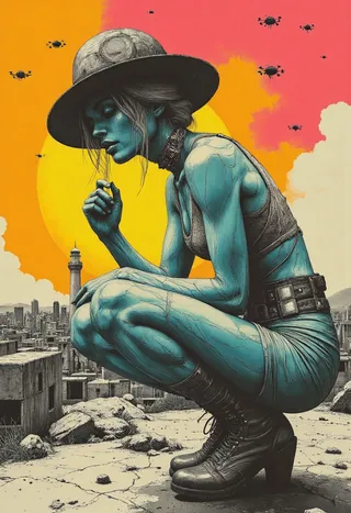 A blue-skinned female lighthouse keeper crouching in a dystopian city with drones flying above and a vibrant orange and pink neon sunset background.