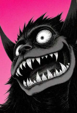 Extreme close-up monochrome manga sketch of a wicked fluffy moly with fierce eyes and sharp teeth, set against a vivid neon pink monochromatic gradient background.