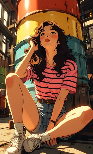 A woman with long wavy brown hair wearing a pink and black striped t-shirt and denim shorts, sitting cross-legged in an industrial space with colorful barrels behind her.