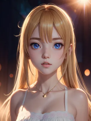 Digital painting of a blonde anime girl with striking blue eyes, wearing a white dress with thin straps, illuminated by soft, warm light in a detailed CGI style.