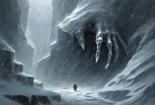 A colossal, bony hand with sharp claws breaking through an icy cliff during a blizzard in a frozen landscape, depicted in a high-resolution digital painting style.