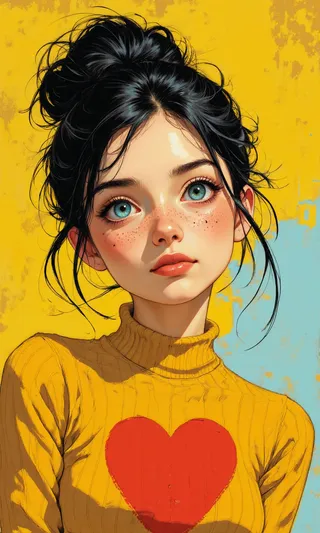 Digital illustration of a young woman with bright blue eyes, freckles, and black messy bun, wearing a mustard yellow sweater with a red heart, against a yellow and light blue background.