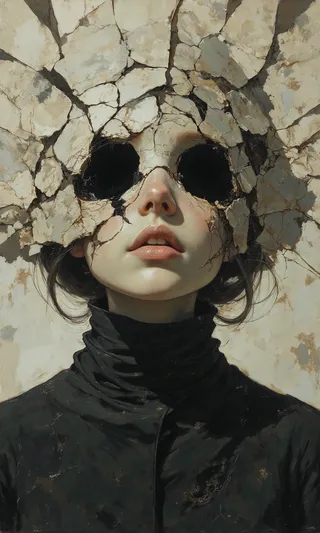 Surreal portrait of a woman with a face obscured by cracked, peeling paint revealing dark voids where the eyes would be, wearing a high-neck black garment