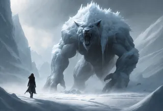 A colossal frost giant beast roaring amidst a blizzard in a snowy, icy mountainous landscape as a lone wanderer approaches.