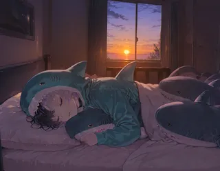 Girl sleeping in a shark onesie hugging a stuffed shark on a bed at sunset with a window showing the setting sun and a pile of stuffed sharks around.