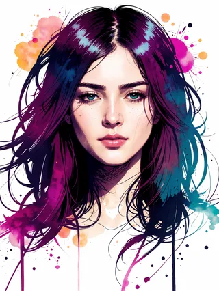 Ultra-detailed digital portrait of a DC hero girl with vibrant watercolor splashes in a comic style, featuring flowing dark purple and teal hair.
