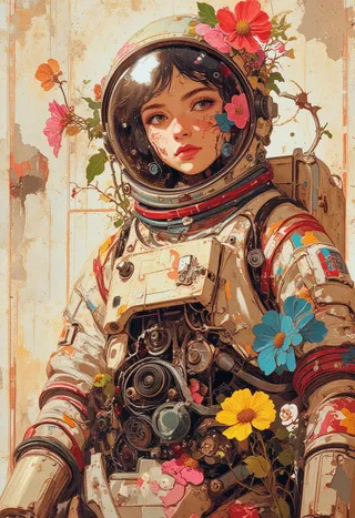 A detailed portrait of a woman astronaut wearing a decayed, biomechanical spacesuit overgrown with colorful flowers, rendered in soft pastel tones with a retro-futuristic style.