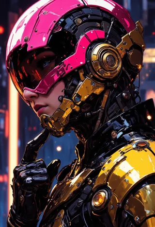 Close-up portrait of a cyberpunk female wearing a neon pink and gold Judge Dredd-inspired helmet, glossy black leather jacket, and golden armor with intricate details.