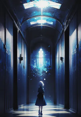 An anime-style scene featuring a solitary girl in a cobalt blue dreamscape hallway with a mosaic and floral background in a cinematic wallpaper style.